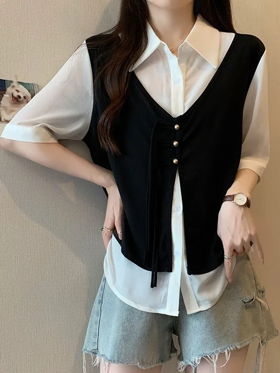 

plus Size Casual Short Sleeve Shirt Women's Summer New Design Sense Top Color Block Splicing Lazy Style Commute Korean Version