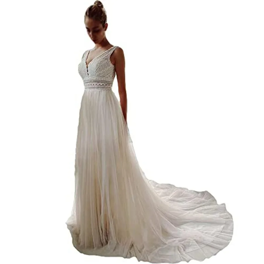 

Sorayan Wedding Dresses for Bride Illusory Lace Bohemia V Neck Layers Tulle A Line Beachy Wedding Gowns…