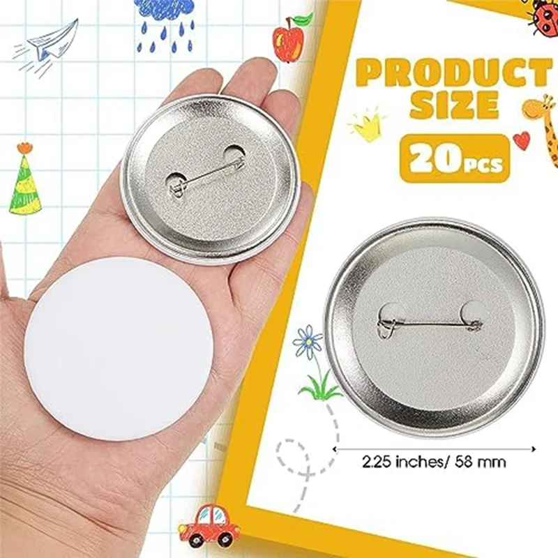 20 Piece DIY White Button Pins 2.25 Inch/58 Mm Blank Craft Button Silver Paper+Metal For Diycrafts Christmas Craft Supplies