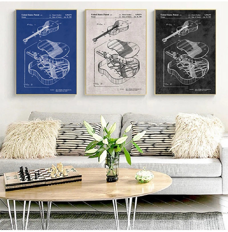 Martin Guitar Patent Blueprint Wall Art Canvas Painting Vintage Posters And Prints Acoustic Guitar Wall Pictures Home Room Decor