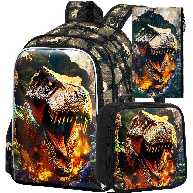 

3PCS Dinosaur Backpack for Boys, 16" Little Kids Backpack Preschool Elementary School Bookbags and Lunch Box - Dinosaur