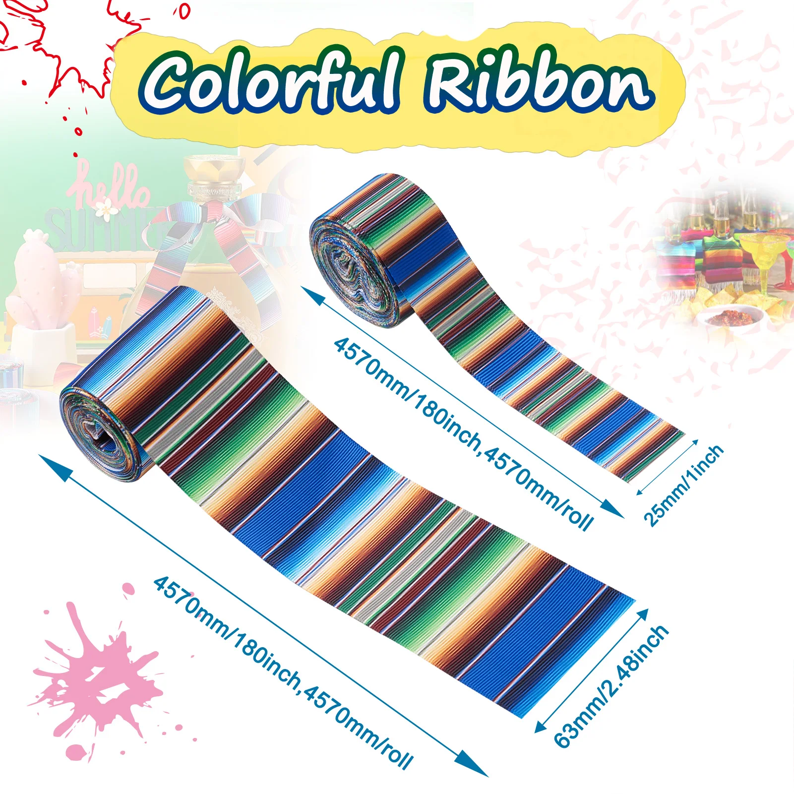 

2 Rolls Stripe Pattern Printed Polyester Grosgrain Ribbon for DIY Bowknot Accessories Christmas Craft Supplies 25mm 63mm