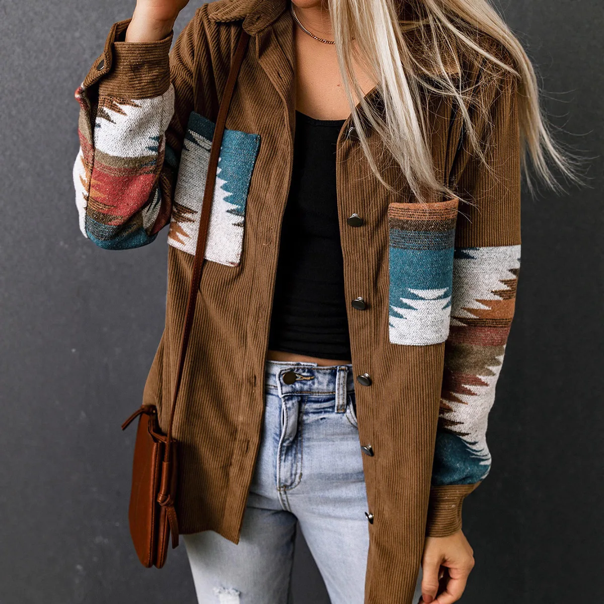 

Shiying Autumn Winter New Aztec Pattern Corduroy Cardigan Jacket for Women Mid-Length Jacket for Women