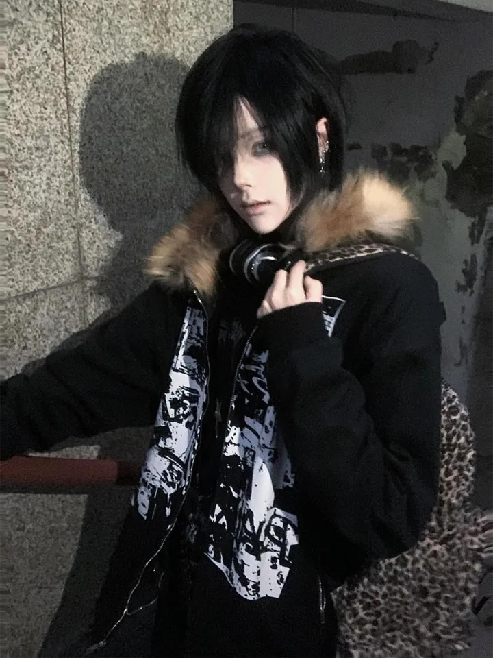 Streetwear Vintage Harajuku Gothic Print Hooded Sweatshirt Coat