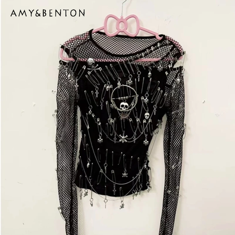 

Dark Gothic Hollow Out Pin Heavy Industry Women's Long-sleeved Top New Sexy Semi-transparent European American T-shirt Ladies