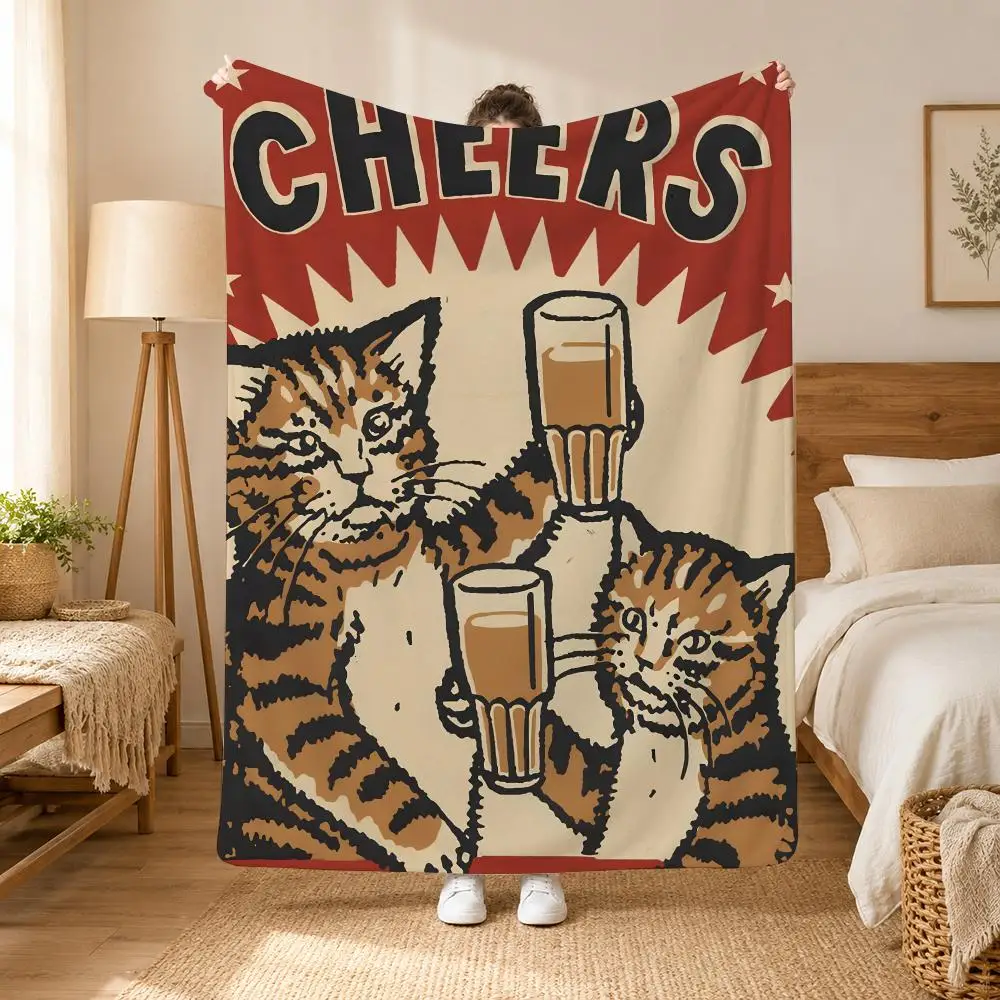 Funny Cheers Drunk Cats Throw Blanket Soft Flannel Throw Lightweight Summer Home Nap for Office Travel Sofa Bed