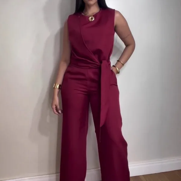 أنيقة 2 قطعة مجموعة المرأة خريف 2025 الشارع الشهير سيدة بدوره Dwon طوق بلا أكمام مع السراويل الطويلة دعوى الصلبة ضئيلة حزب الزي