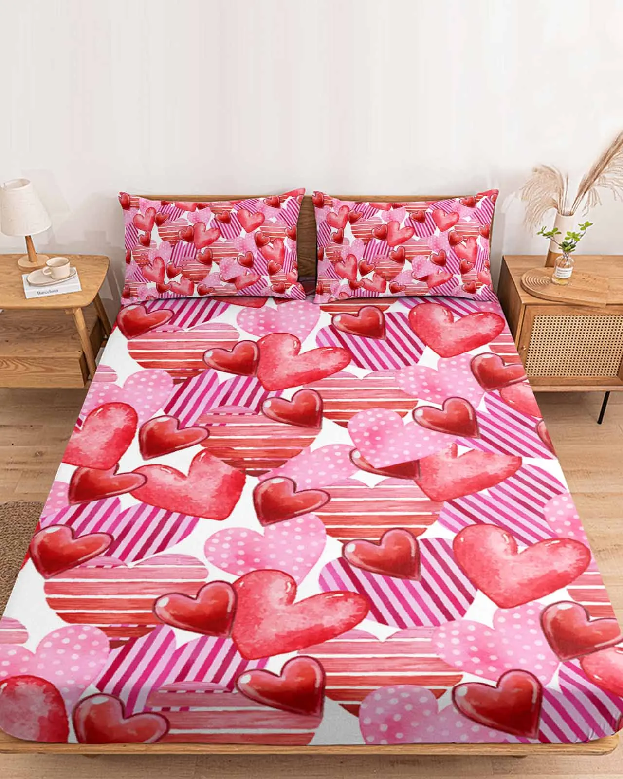 Heart Shaped White Background Polyester Fitted Sheet Mattress Cover Four Corners Elastic Band Bed Sheet Pilllowcase