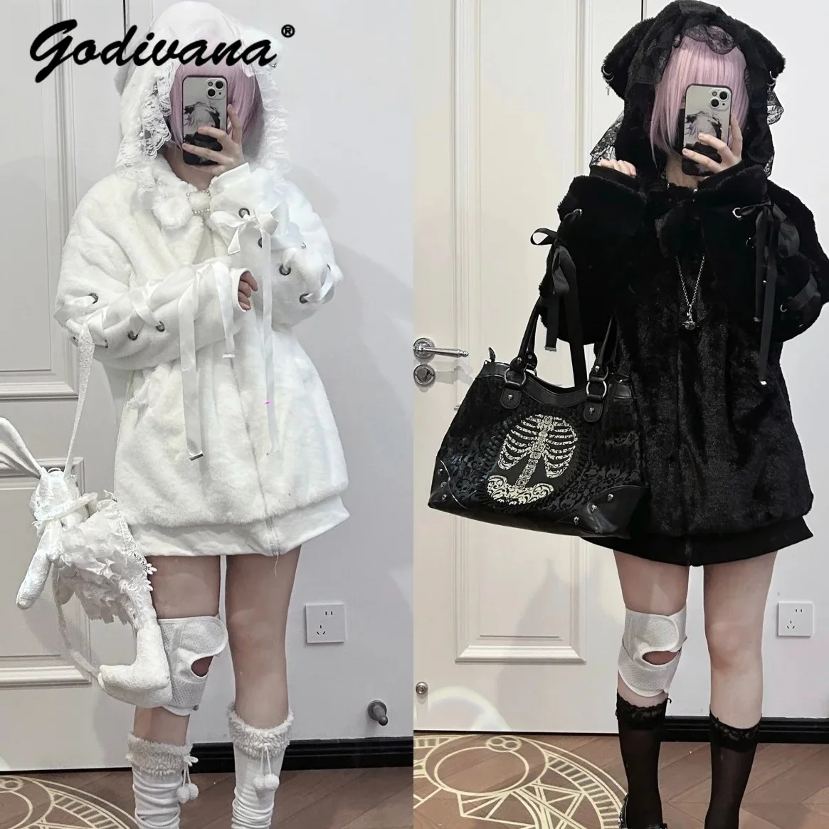 Neue Winter-Süße Doppelseitige Kaninchenfell-Jacke mit Reißverschluss und Kapuze für Mädchen und Frauen, Schnürung mit Niedlicher Schleife, Lolita Warmer Plüsch-Mantel