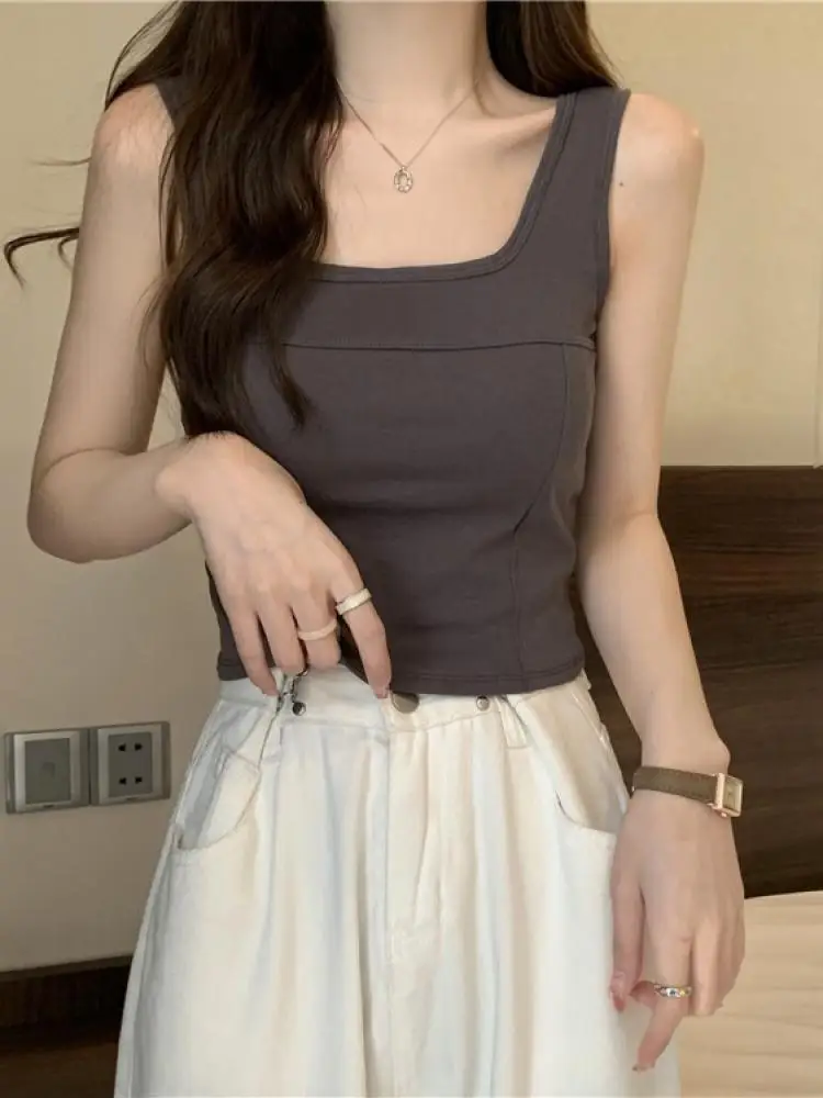 Green Wide Strap Square Collar Vest Women Summer Inner Wear Integrated Outerwear Sleeveless Top Short Style Commute Style