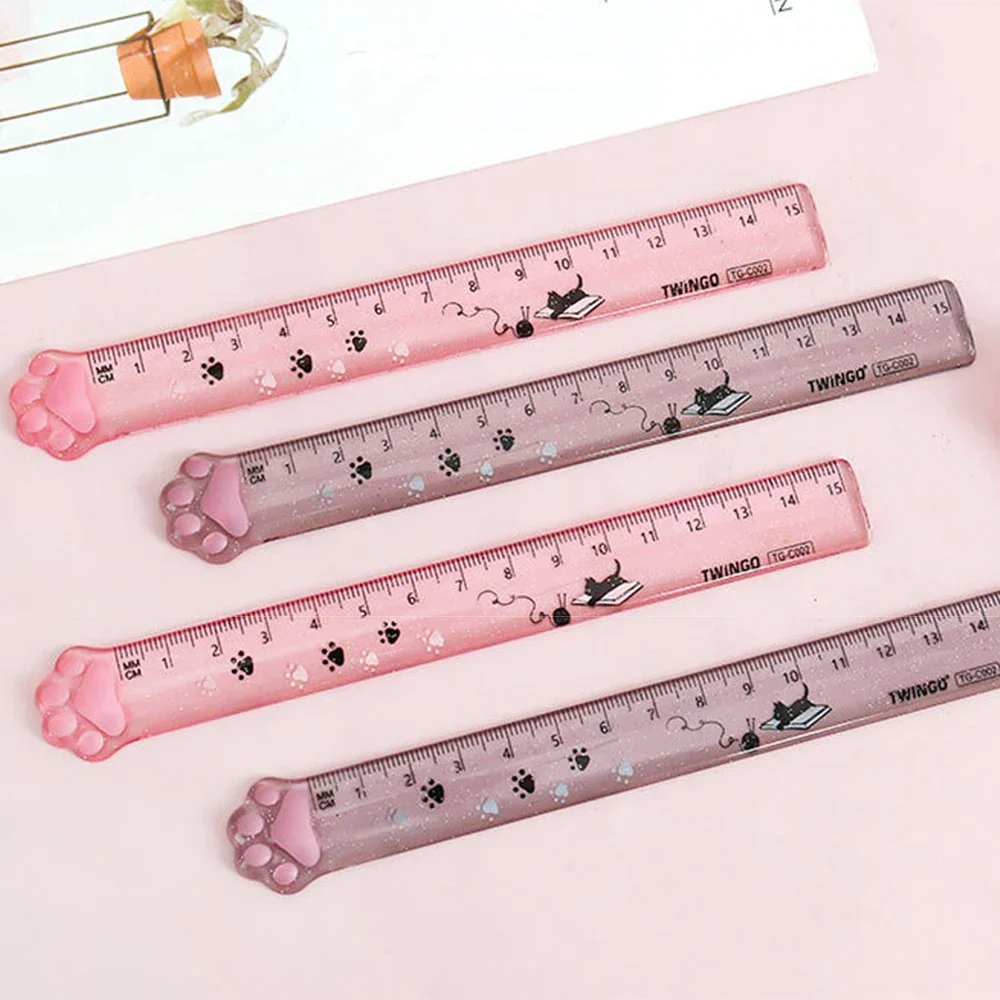 New 15cm Cute Paw Ruler Kitties Acrylic Plastic Straight Measuring Rule Bookmark Geometry Tools Office School Student Stationery