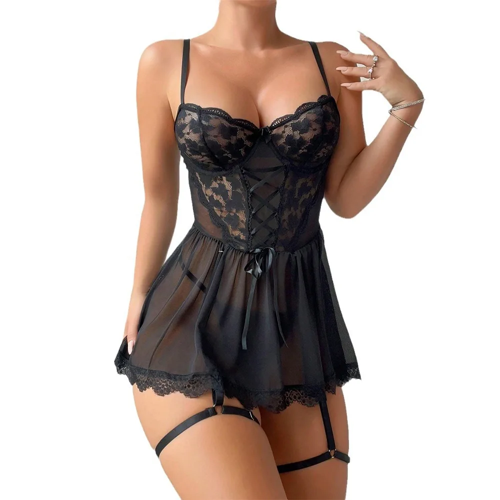 Camisola de renda crotchless feminina, vestido de deslizamento erótico, lingerie sexy, roupas íntimas pornográficos para meninas, traje de malha transparente