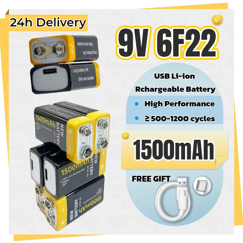 

USB Type-C 9V Li-ion Battery 1500mAh Rechargeable 6F22 - Long Lasting for RC Helicopter, Multimeter, Toy, Fast Charging