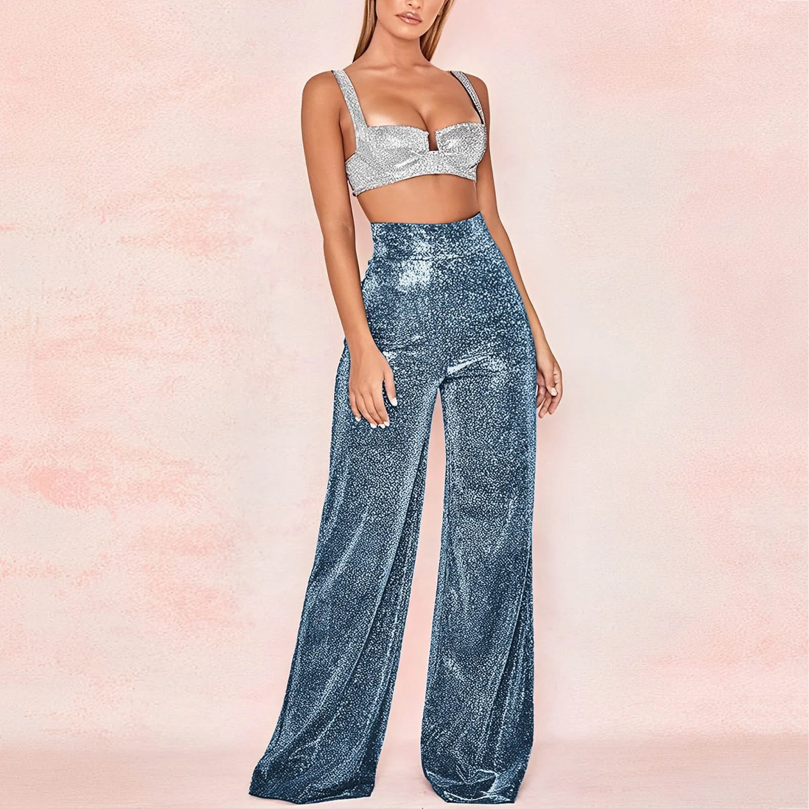 Women'S Bright Silk High-Waist Bell-Bottom Pants Corset Loose Comfortable Wide Leg Pants Draping Zipper Fashion Casual Pants