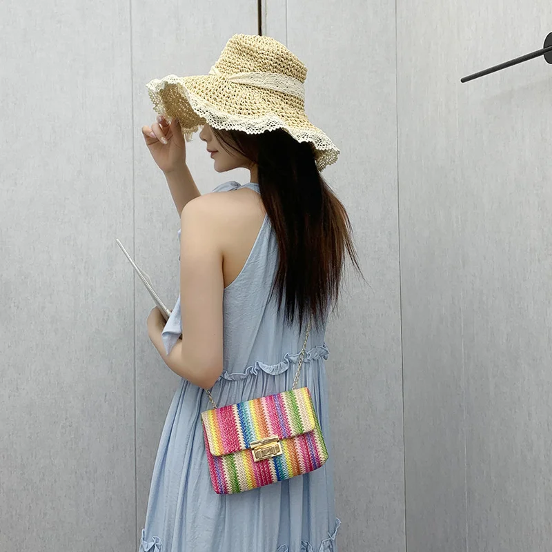 Women Summer Beach Rainbow Stripe Woven Straw Crossbody Shoulder Bag Front Flap Turn-Lock Chain Boho Vacation Small Size Purse view 5