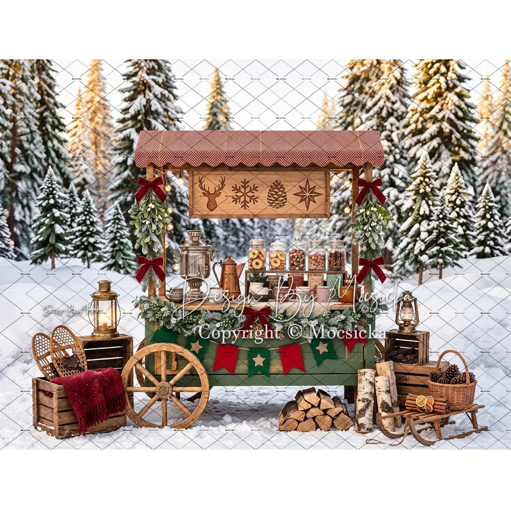 Mocsicka Backdrop Photography Christmas Hot Cocoa Cookie Jar Lantern Snowy Forest Background Winter Kids Birthday Studio Photo
