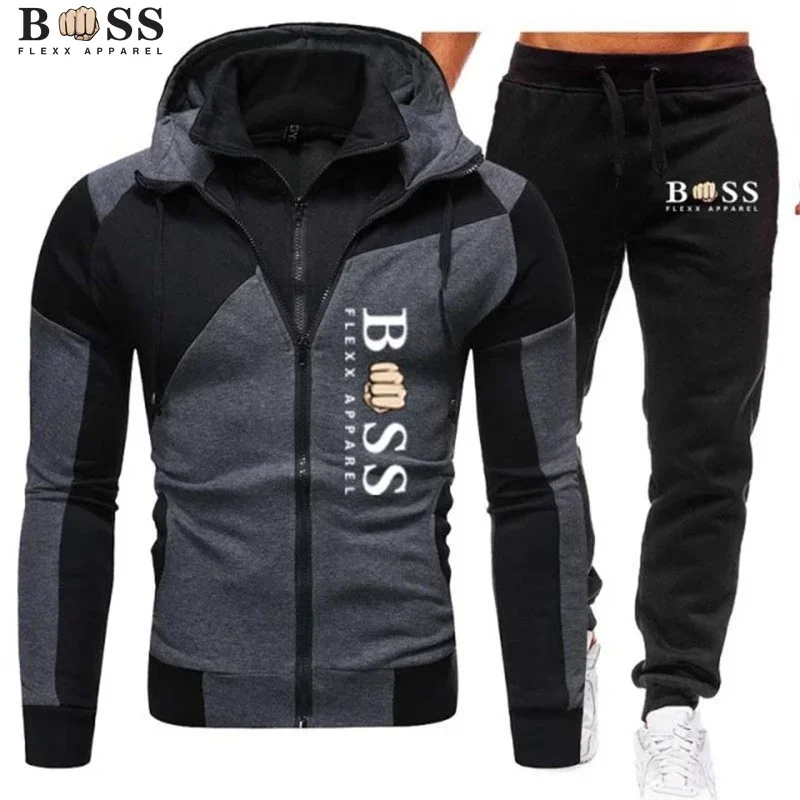 Pakaian olahraga pria, baju fitness kasual jogging setelan luar ruangan ritsleting hoodie + celana olahraga hitam mode musim semi pakaian jalan S-3XL