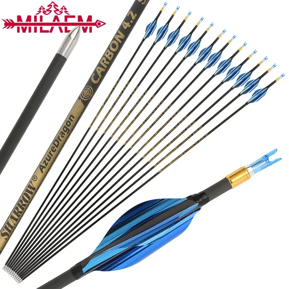 6pcs Archery Arrows 32inch Pure Carbon ID4.2mm Spine700 800 900 1000 with 1.8inch Spiral Feathers for Bow Shooting Accessories