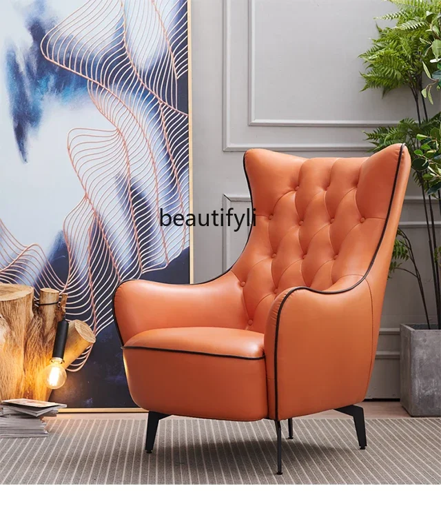 Nordic single sofa chair leather, living room leisure, bedroom high back chair, lazy sofa leather chair