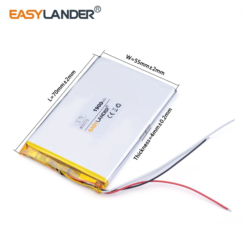 10pcs /Lot 3.7v lithium Li ion polymer rechargeable battery 3-wire 405570 1900MAH GPS Tablet PC Digital Products andorid phone