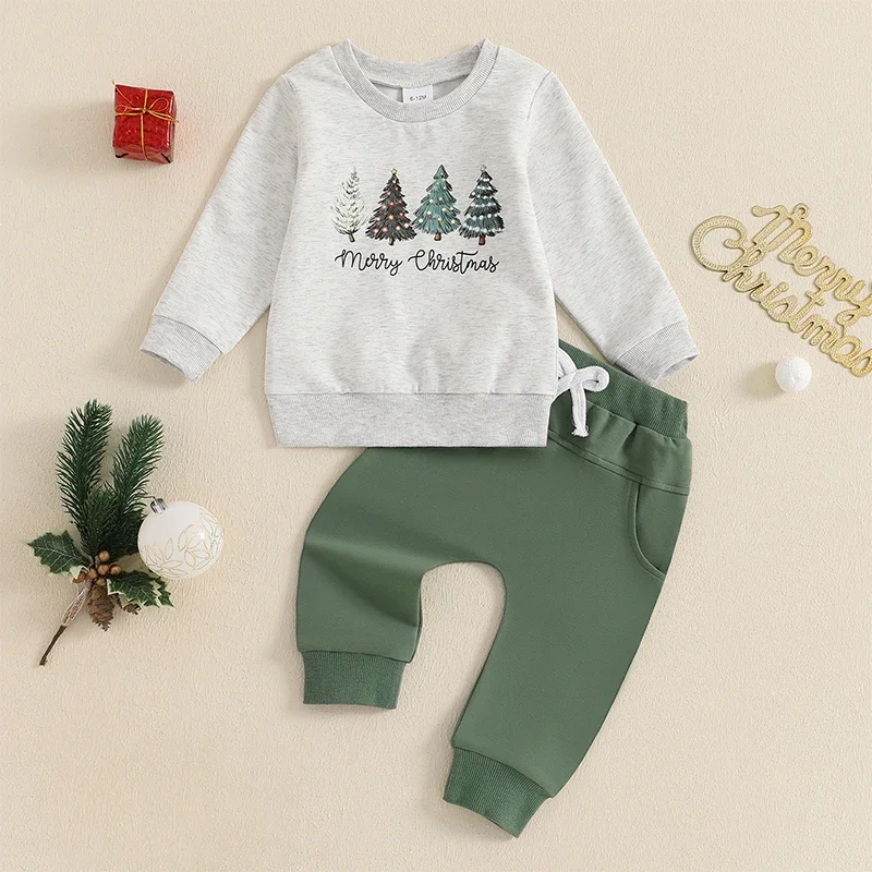 Completi natalizi per bambini da bambino, felpe a maniche lunghe con stampa di lettere dell'albero di Natale e pantaloni lunghi, set di vestiti da 2 pezzi