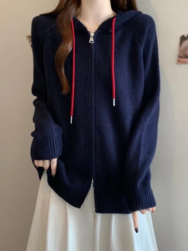 

plus Size Hooded Knitted Cardigan Women's Autumn Winter Loose Fit Lazy Versatile Long Sve Double Zipper Sweater Jaet Top