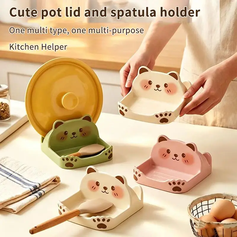 Cute Cartoon Bear Shaped Pot Lid And Spoon Holder With Stable Non Slip Base For Kitchen Counter Storage