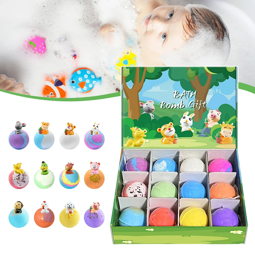 12pcs Bath Balls,Kids Bubble Bath Present Set,Natural Moisturizing Bath Bombs,Unique Animal Toys Inside For Boys Girls