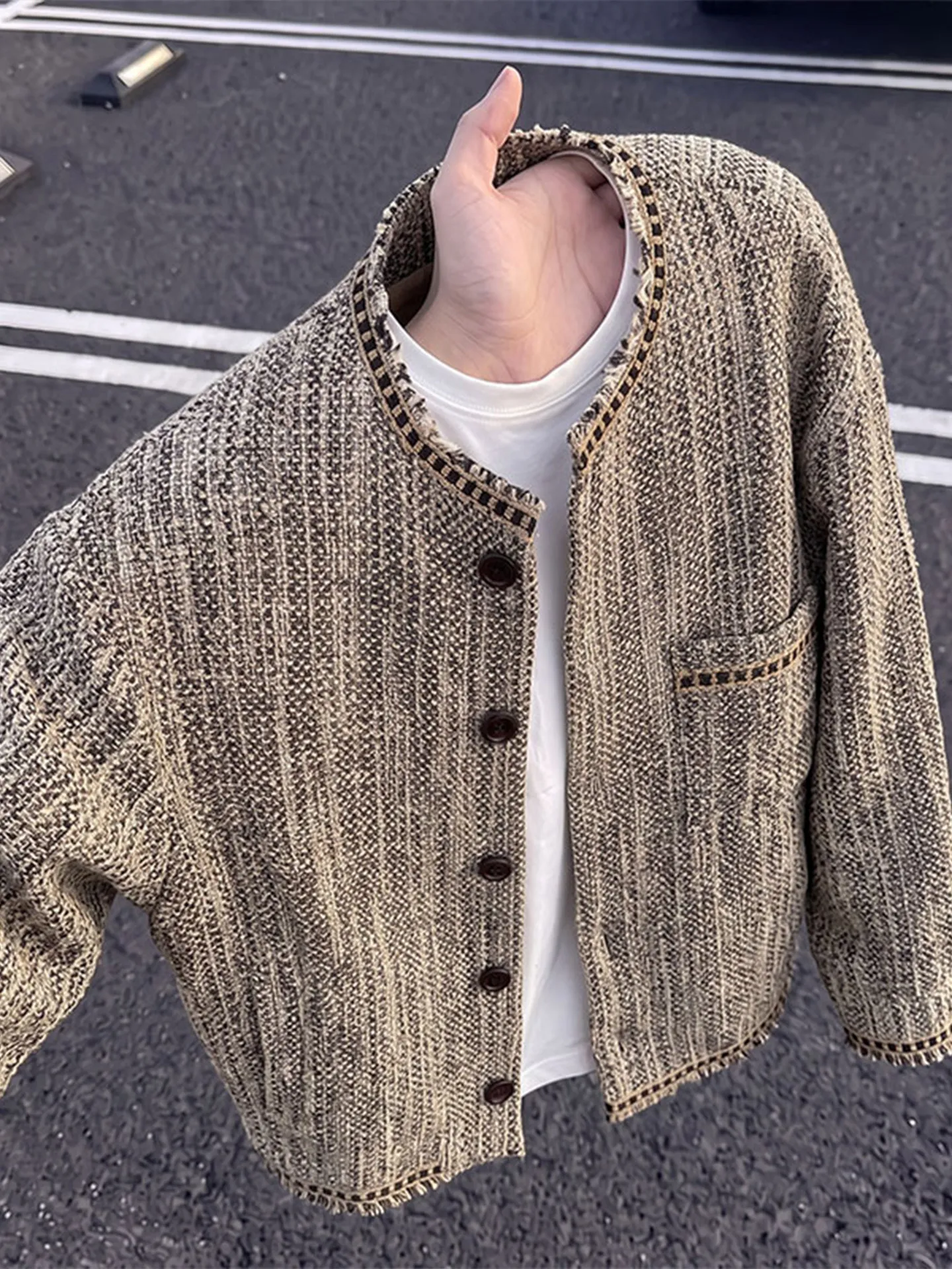 Loose Fit Knitted Jacket for Men with Frayed Collar Luxury Texture Button up Commute Outerwear Long Sleeve Youth Fashion