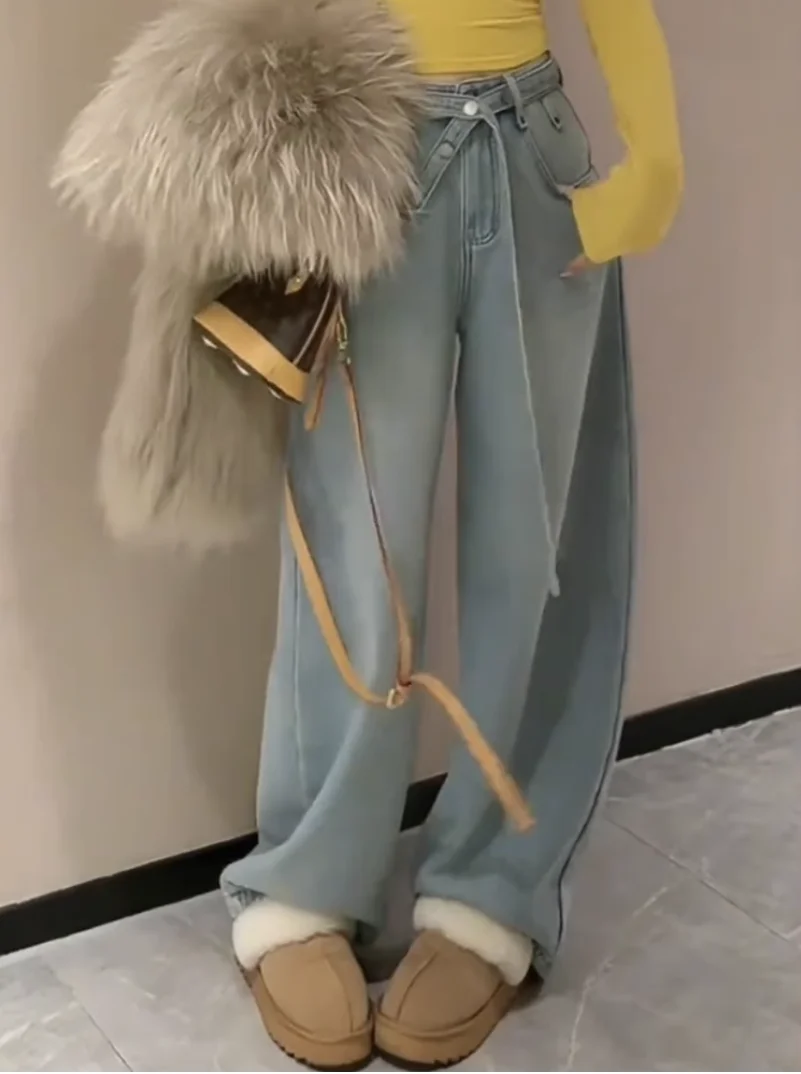 

Y2K Curved Knife Pants Women Washed Light Blue Denim Waist Tie Design High Waist Wide Leg Winter Trousers