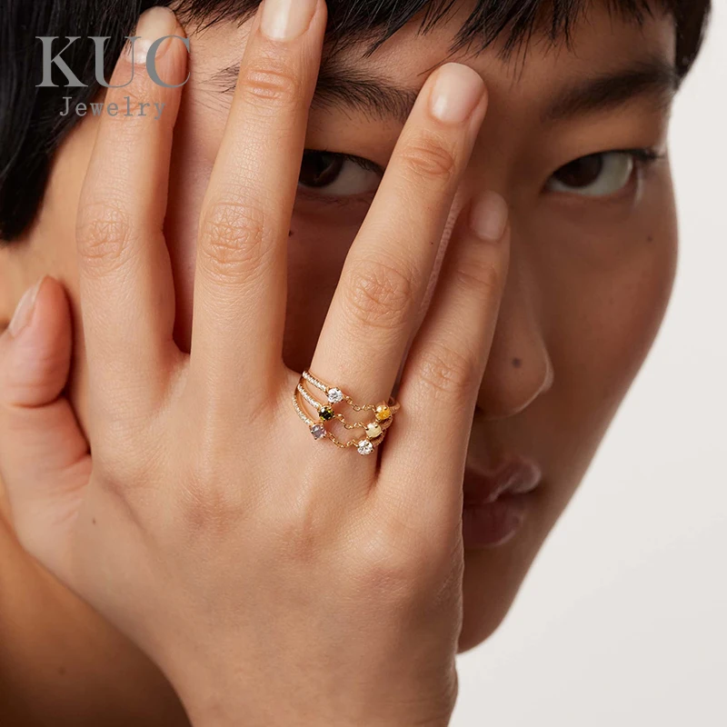 

Luxurious and Exquisite Style Juno Ring 925 Sterling Silver Gold-plated Ring with 3 Bars and Gemstones Rings for Girls