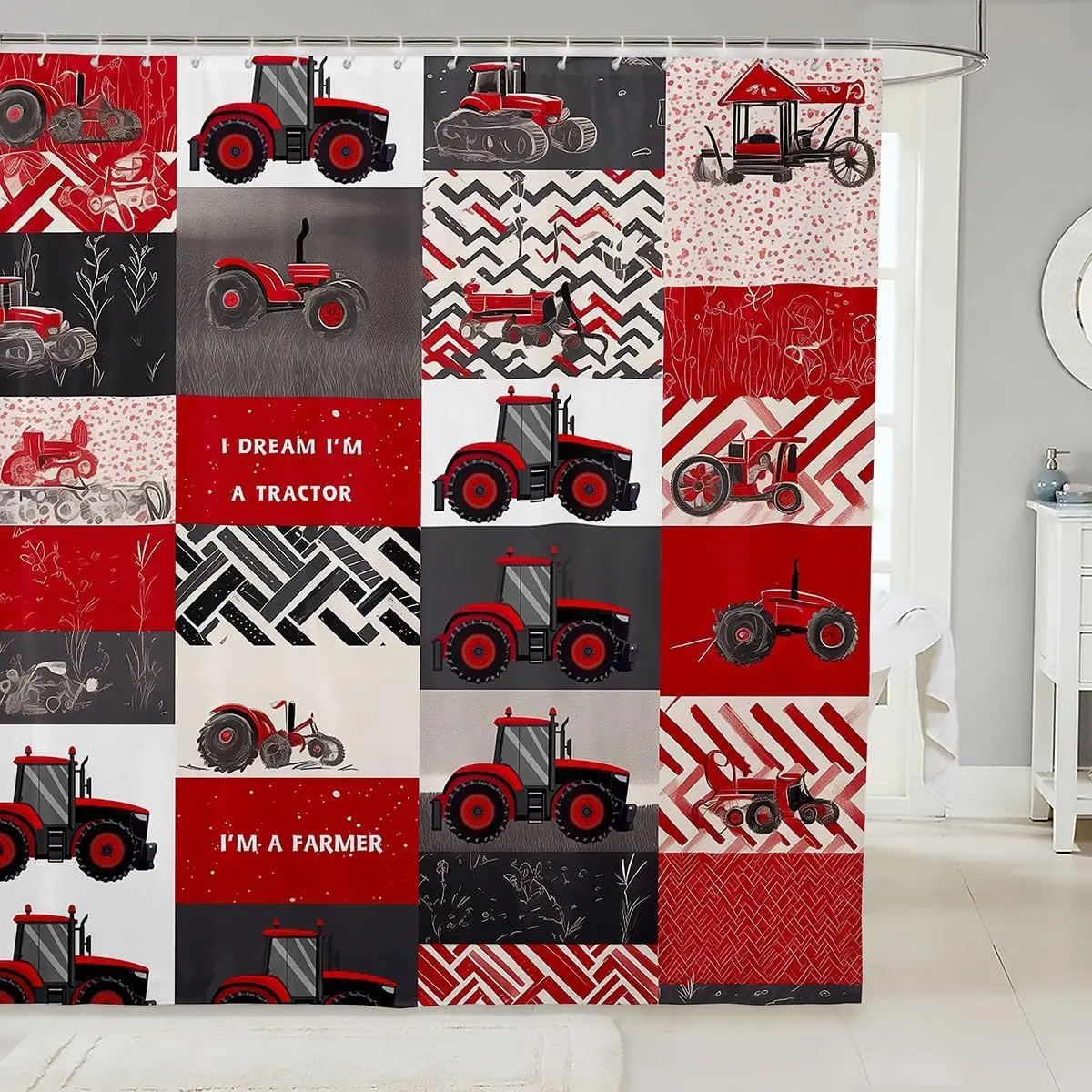 Kids Tractor Shower Curtain for Boys Girls Red Cartoon Tractor Fabric Shower Curtain Farm Vehicle Truck Waterproof Bathroom