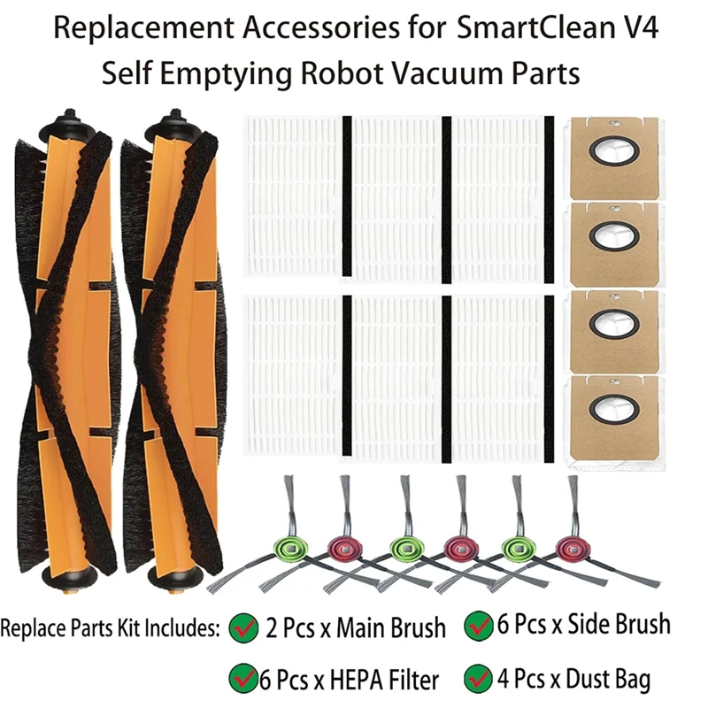 ABNP 18PCS Replacement Parts For Ionvac Smartclean V4 Self Emptying Robot  Vacuum Cleaner Main Side Brushes  Filter Dust Bags