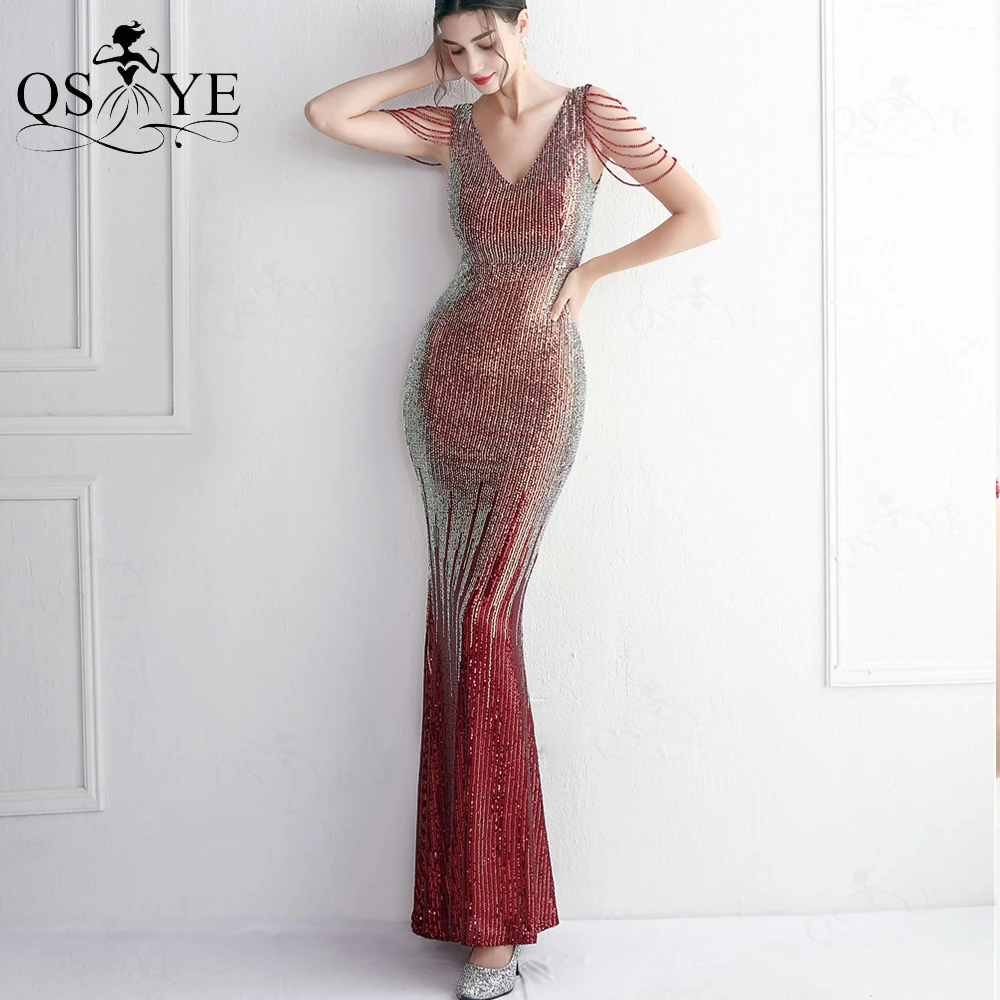 

Fading Sequin Burgundy Prom Dresses Beading Straps Mermaid Evening Gown V neck Colorful Glitter Girl Red Formal Party Dress Chic