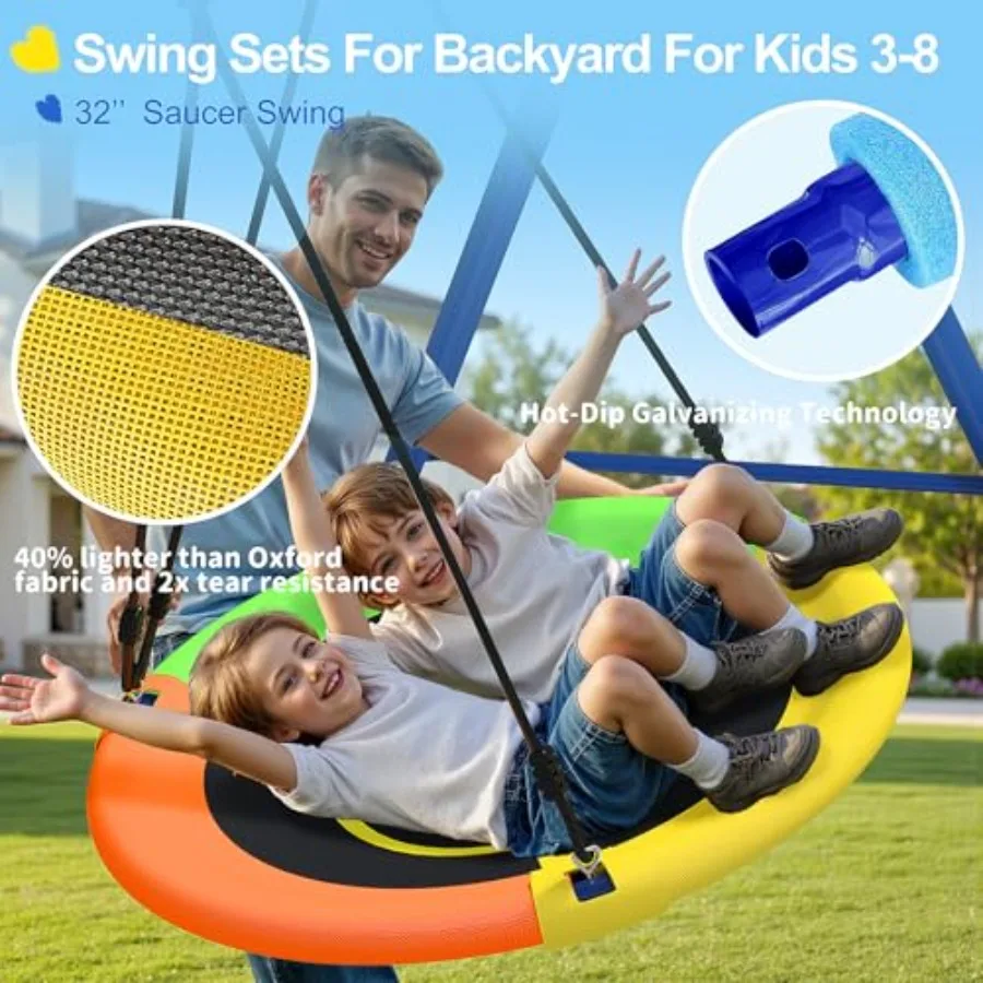 Set altalena da 440 libbre Parco giochi esterno 3in1 con piattino Sedile con cintura altalena e trampolino da 4 piedi Supporto in metallo AFrame resistente e sicurezza