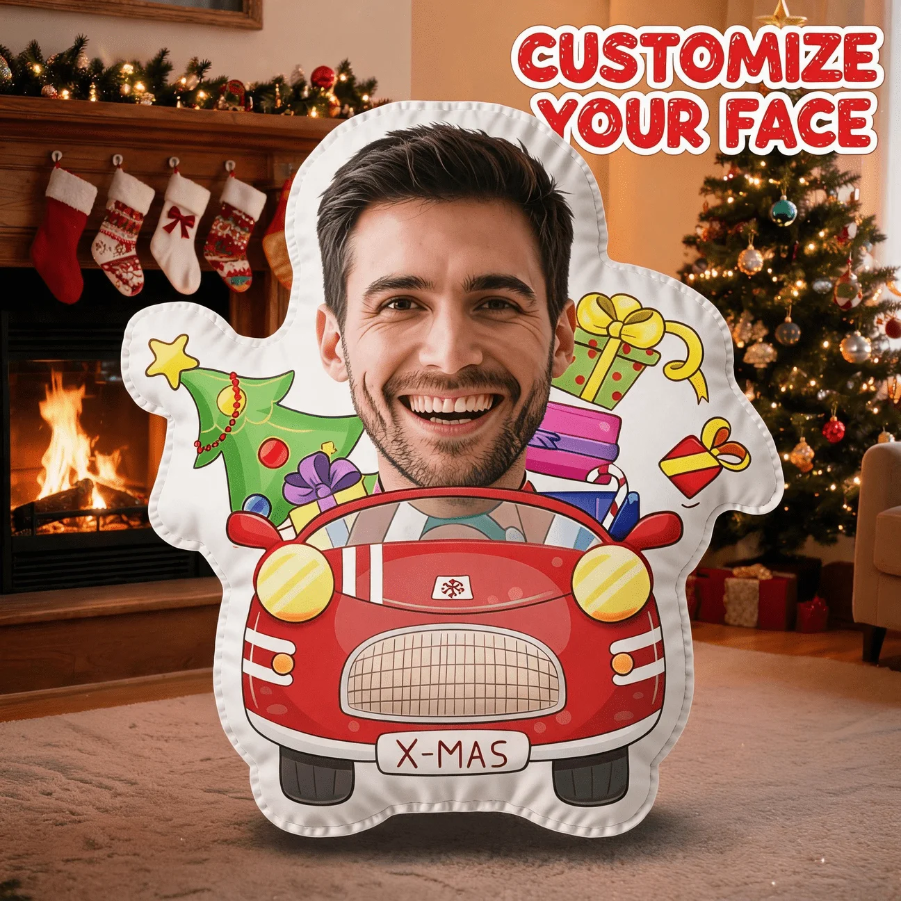 Custom Photo Face in Red Car Shaped Pillow, Personalized Smiling Man Christmas Theme Decorative Cushion, 70CM Home Decor Accent