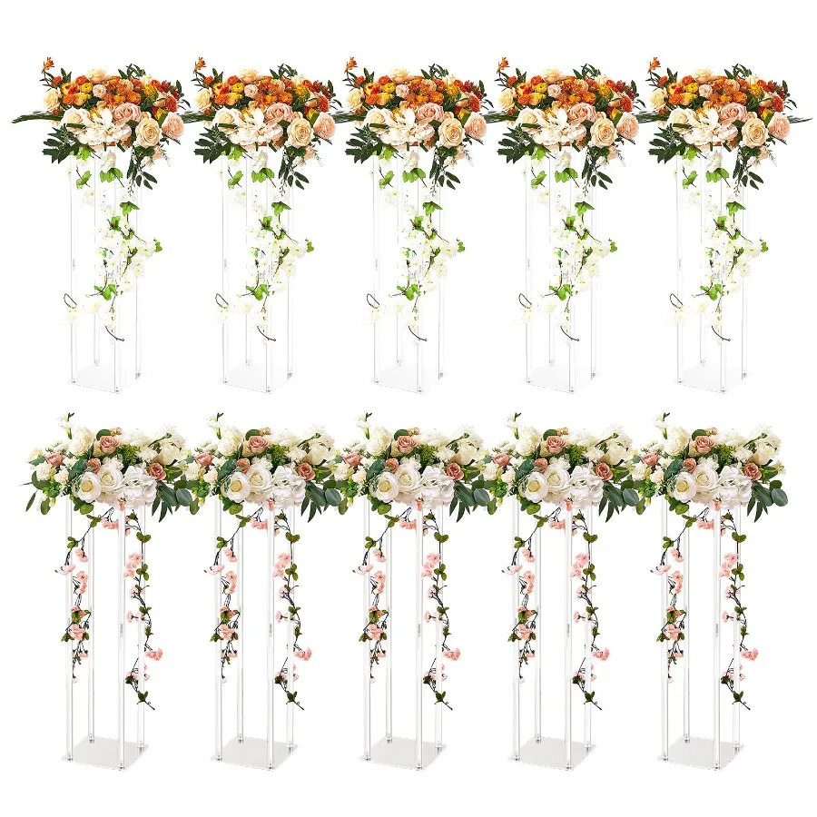 

10PCS 23.6inch Wedding Flower Stand for T-Stage Events, Acrylic Laminate, Clear Geometric Centerpiece Stands with Vase Column,