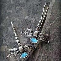 Retro Silver Color Dragonfly Earrings for Women Sea Blue Crystal Stones Dangle Earrings Engagement Wedding Party Vintage Jewelry