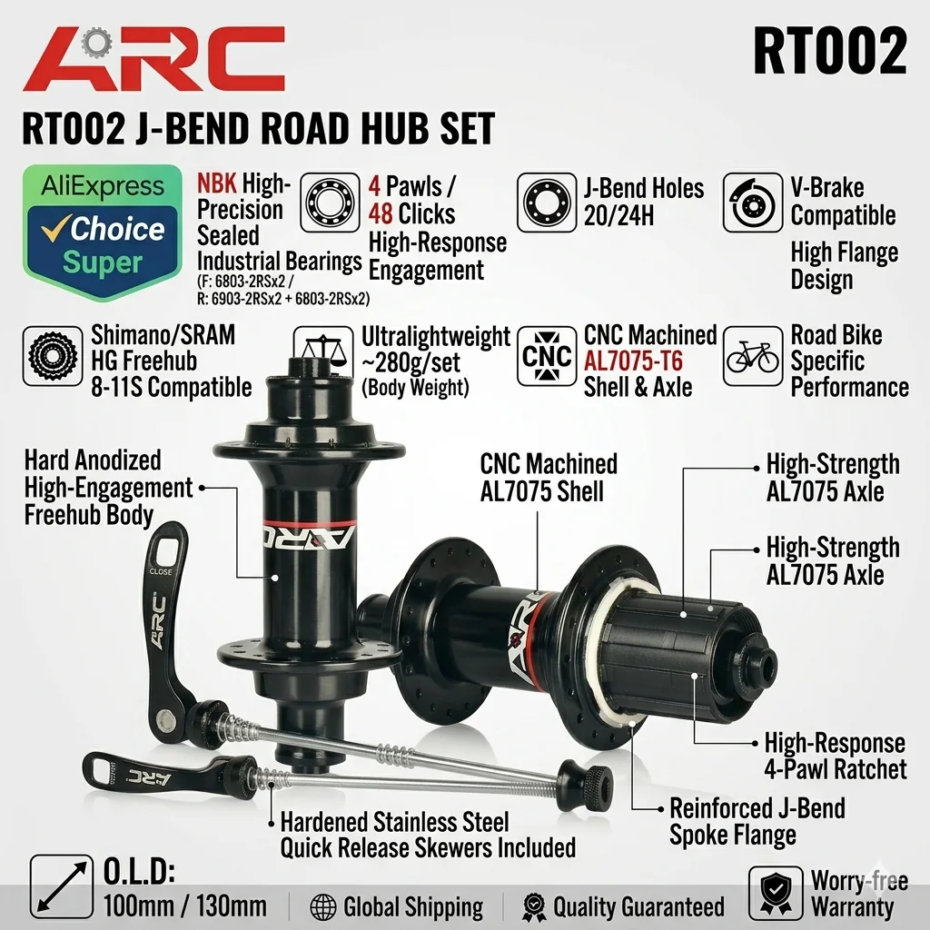 ARC Road Bike Hub Set 4 Pawls 48 Clicks High-Engagement 100/130MM NBK Sealed Bearings 20/24 Holes V-Brake 8-11 Speed Ultralight