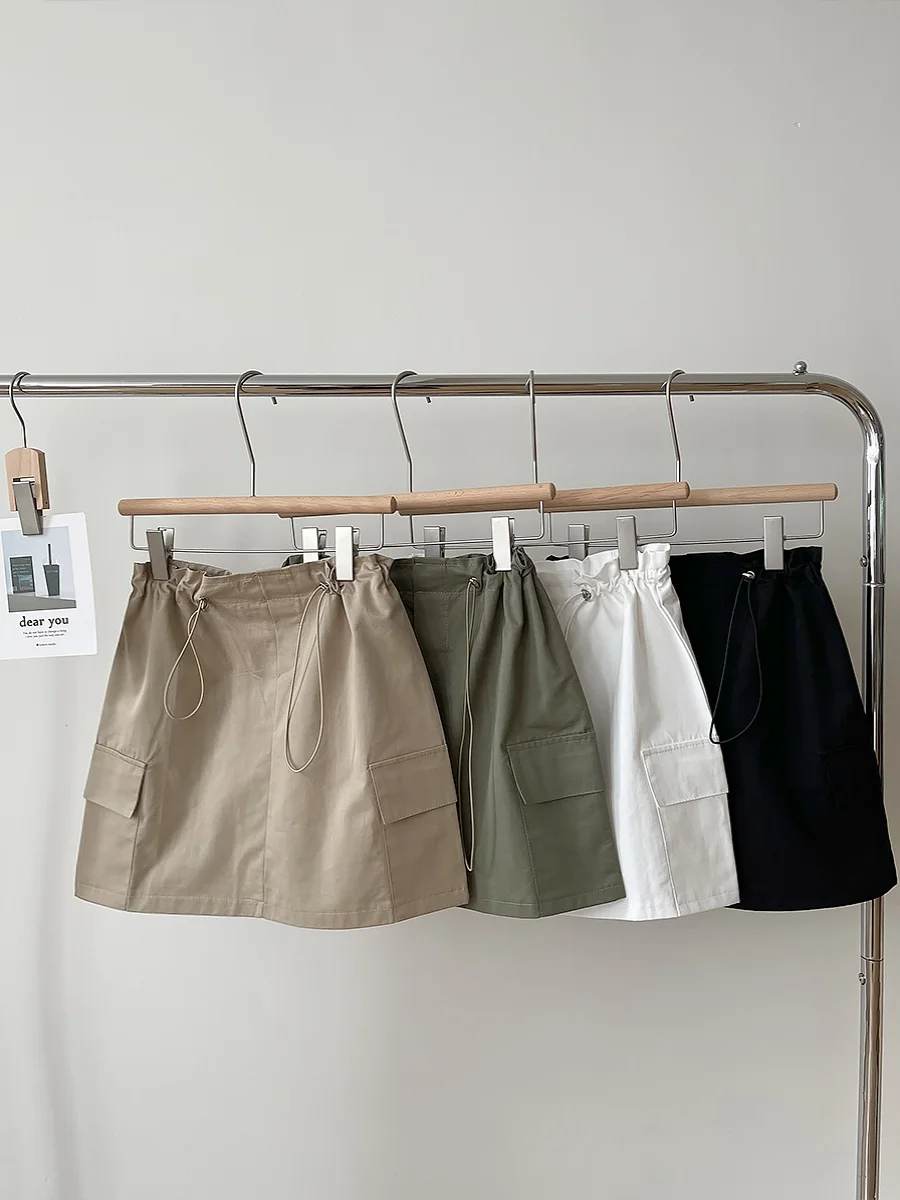 Women's Skirt Khaki Workwear Style Retro Plain Casual Skirt Summer Street Wear Waist Drawstring with Pockets