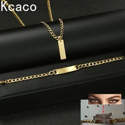 Personalized Stainless Steel Bracelet and Rectangle Necklace Set Engrave Text and Eye Pic DIY Square Pendant 60cm Chain Necklace