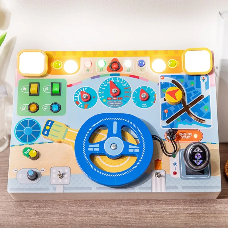 A49K-Educational Wooden Busy Board Toy With LED Steering Wheel-Diving Simulator For Kids