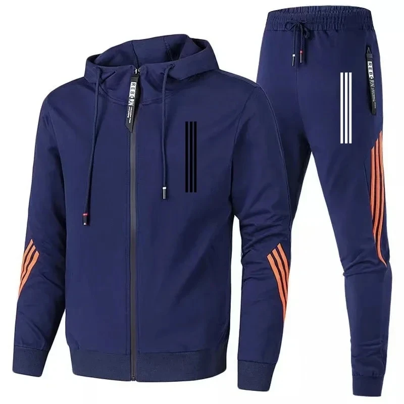 Spring and Autumn fashion men\'s leisure gym fitness jogging comfort sports set travel camping baseball zipper hoodie + pants set