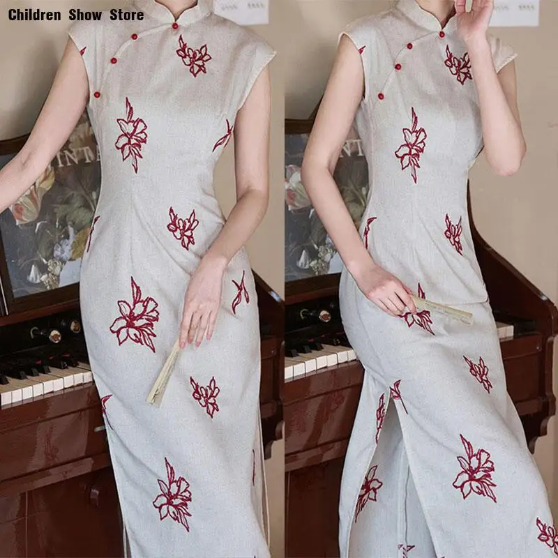 

New Chinese Style Dress Young Women Casual Vestidos Tradition Mandarin Collar Chesongam Embroider Flower Qipao Lady Sexy Dresses