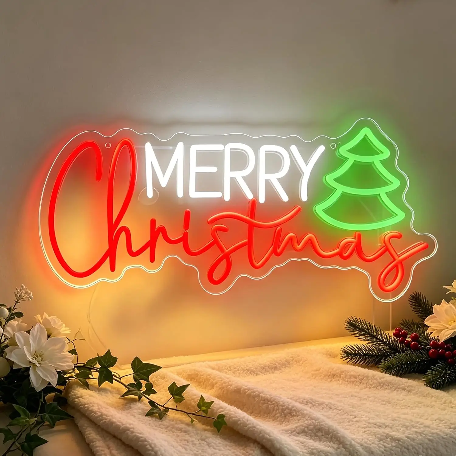 JOY Christmas Neon Sign LED Wreath Bow Neon Light USB Powered Wall Hanging Lamp for Xmas Party Home Bedroom Window Decor Gift