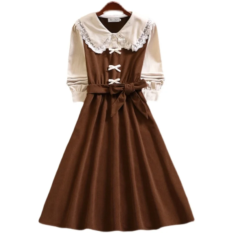 Mori girl elegant corduroy dress new winter fashion long sleeve women sweet vestidos