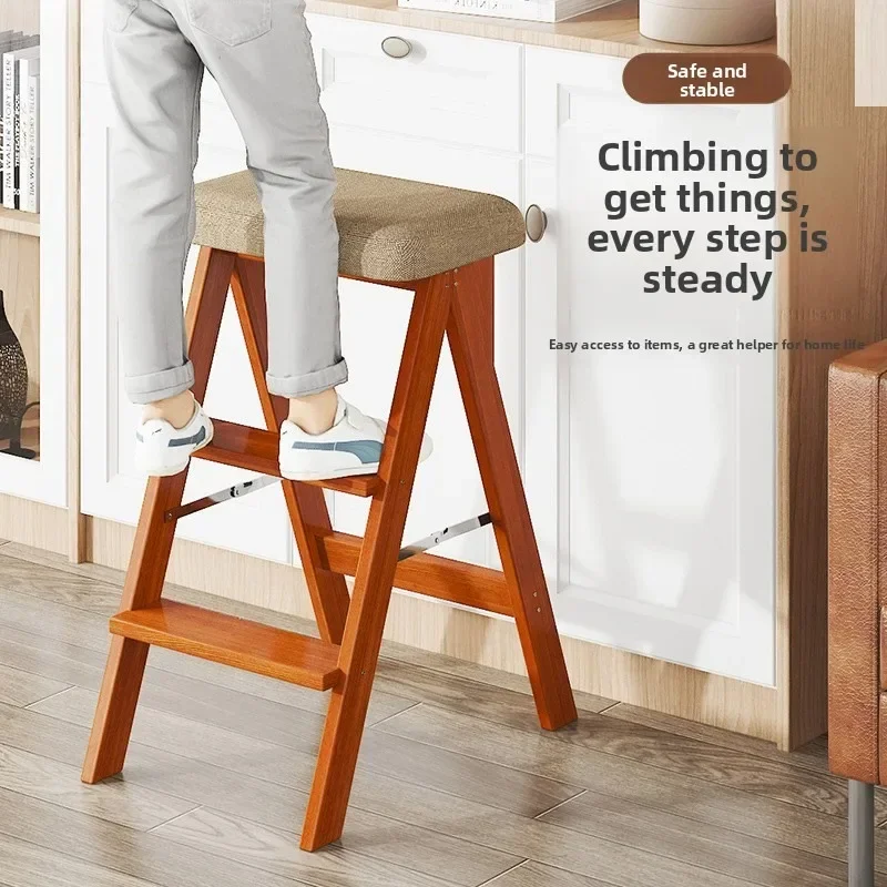 Firm High Stool Foldable Bar Chair Solid Wood Simple Three-step Climb Ladder Household Goods Factory