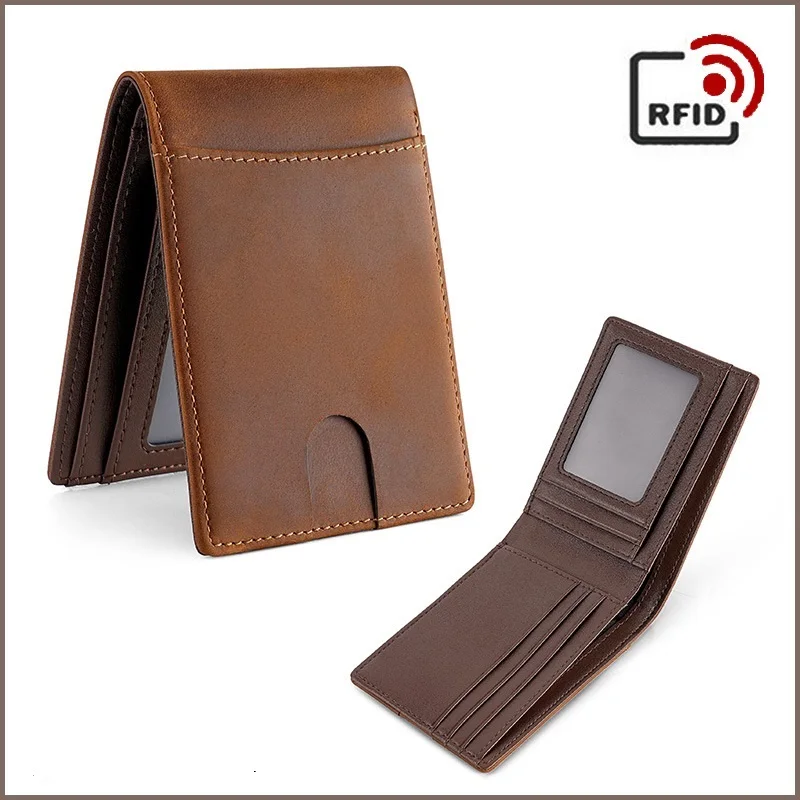 Men's Crazy Horse Genuine Leather Wallet Slim Minimalist Front Pocket No Crack Card Slots