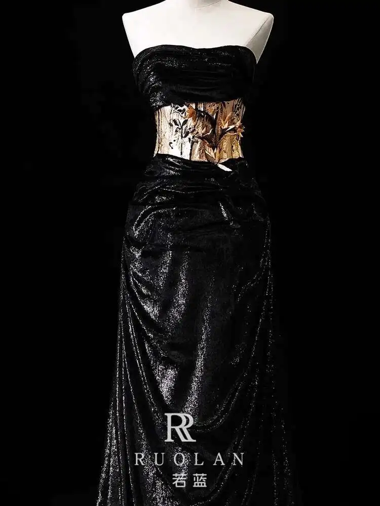 Off-Shoulder Evening Dress 2025 New High-End Luxury Niche Host Black Dress for Women Toast Dress Bride