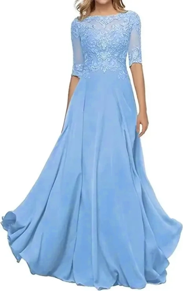 Customized A-line Elegant Chiffon O-neck Formal Lace Evening Dress Half Sleeve Prom Party Dresses Hook Flower Cooktail Dress Ban